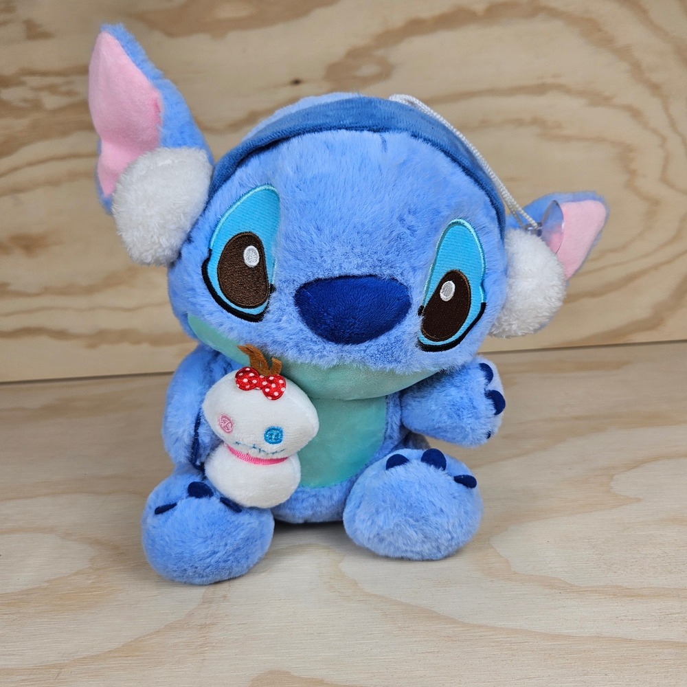 Stitch Winter Plush Blue Alien with Earmuffs and Snowman Suction Cup Hanger